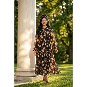 In February Dress Womens L Black Multi Floral Tiered Midi Long Sleeve NWT